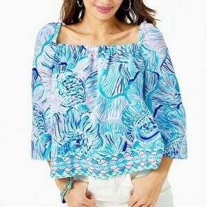 Lilly Pulitzer Lizzie Top Bermuda Blue Fishful Thinking